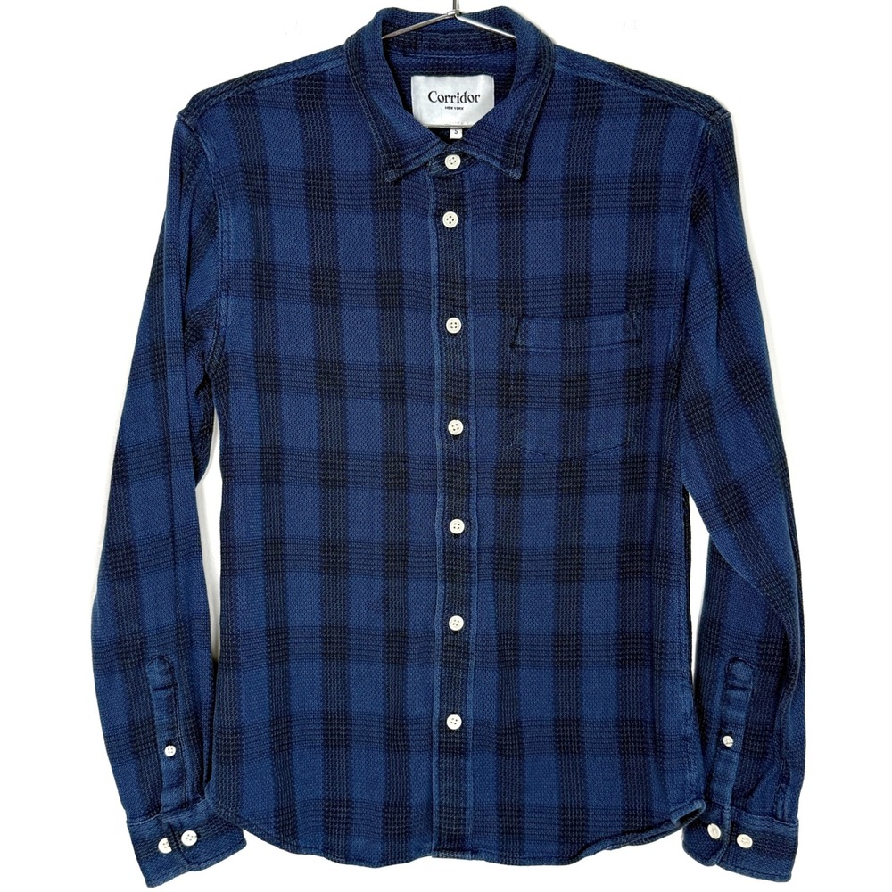 Corridor New York Mens Small Blue Plaid Button Down Shirt Long Sleeve Cotton‎